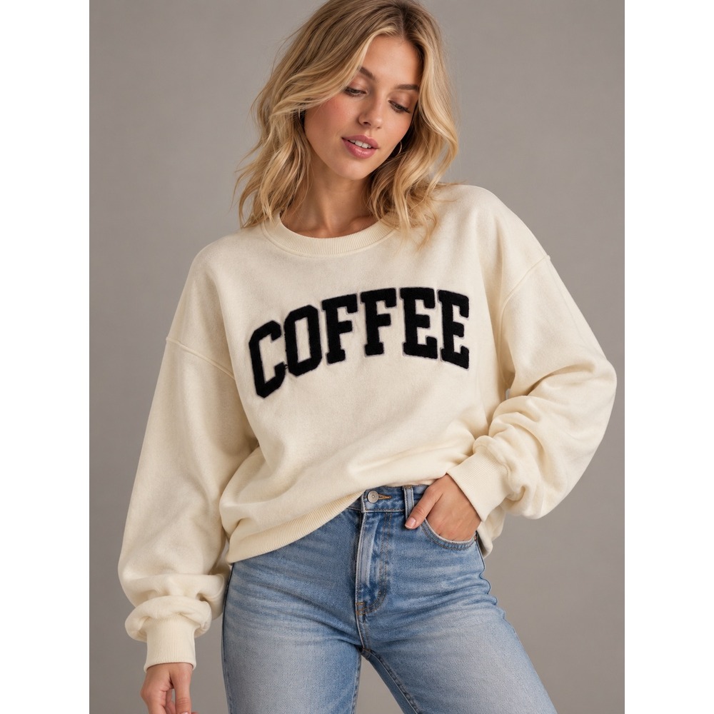 Pink Rose Coffee Sweatshirt Size L Cream White Chenille Graphic Pullover Fleece